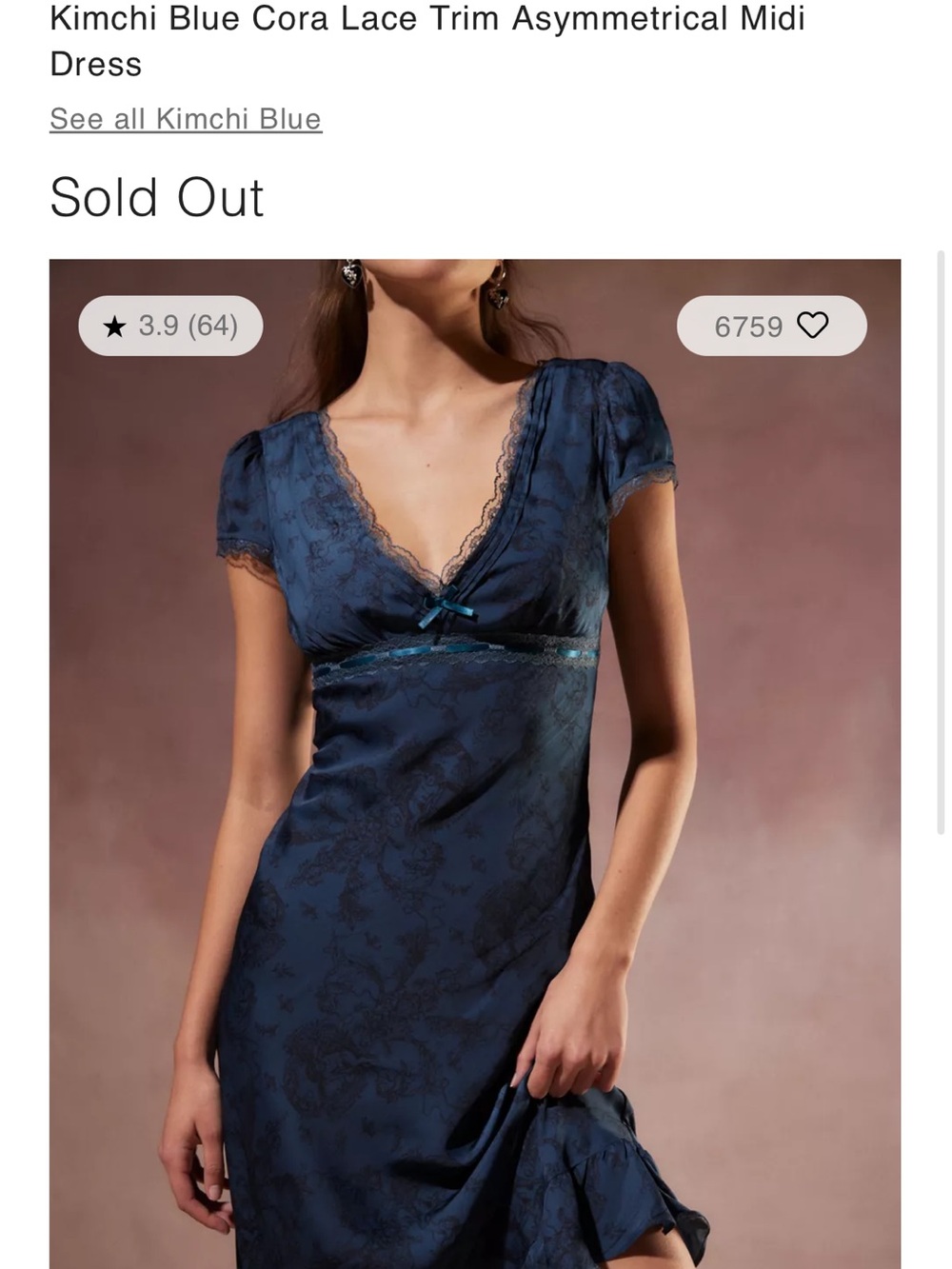 Kimchi Blue Navy Lace-Trim Asymmetrical Midi Slip Dress (Sold Out on UO)